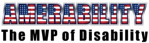 The word Amerability with each letter mimicking the American flag with a blue field with white stars in the upper left corner. The rest of the letters have alternating red and white stripes. Below the name is the tagline: The MVP of Disability.