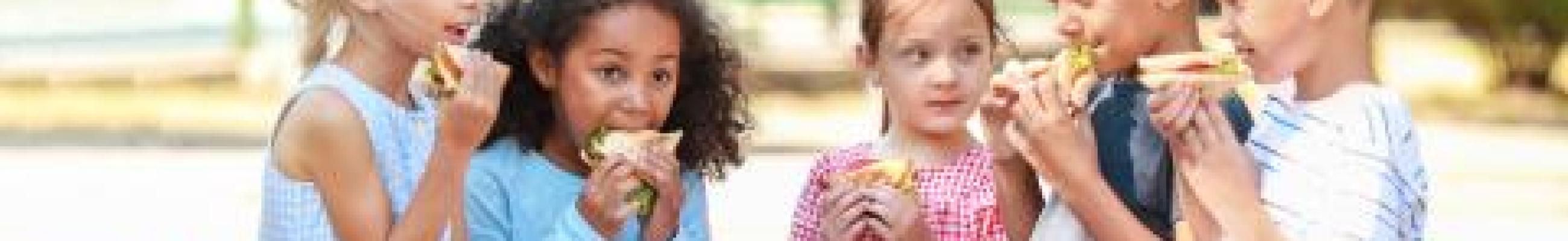 Five children eating sandwiches at a picnic.