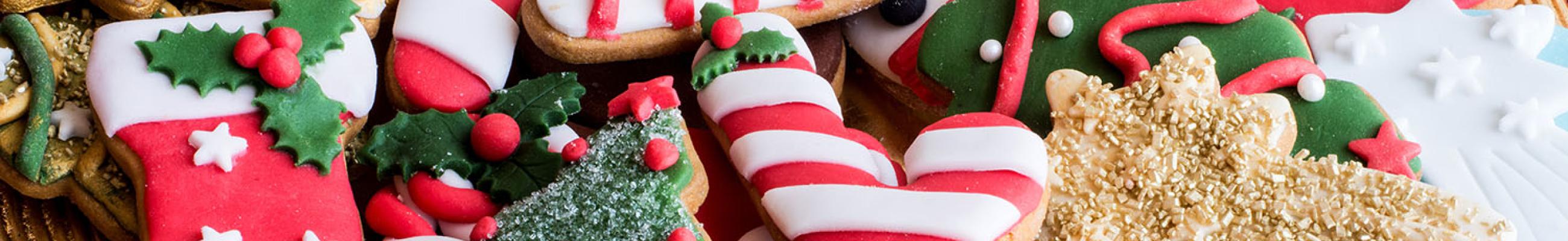 A plate holding a decorated cookies in the shapes of candy canes, Christmas trees, stockings, snowmen, and Santa Claus.